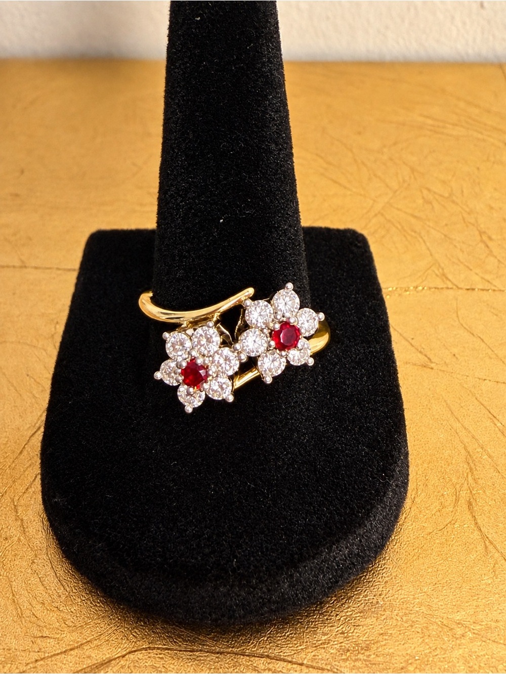 14K Gold Garnet & Natural Diamond Double Flower Bypass Ring 3.70g Size 8.75